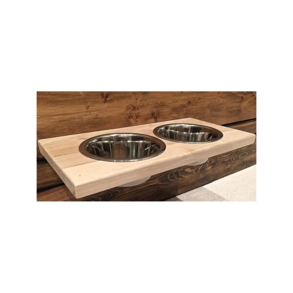 Flexible Wood Wall Mount Pet Food and Water Feeder with Stainless Steel Bowls