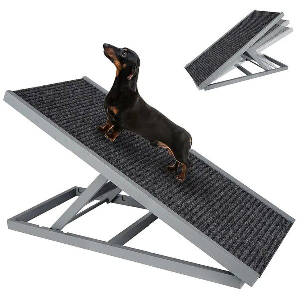 Foldable Gray Dog Ramp with Adjustable Height and High-Traction Surface for Small Pets