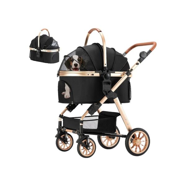 Foldable Lightweight Dog Carrier Trolley with Storage Basket and Adjustable Handle Height