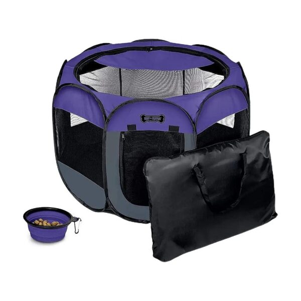 Foldable Pet Playpen with Carrying Case and Collapsible Travel Bowl for Convenient Travel