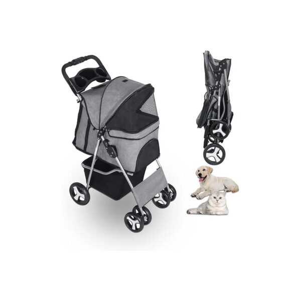 Foldable Pet Stroller for Small Medium Dogs with Storage Basket and Cup Holder