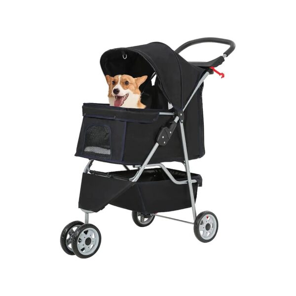 Foldable Pet Stroller with Storage Basket and Cup Holders for Easy Travel and Storage