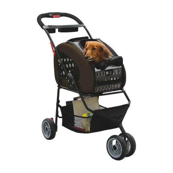 Four-Way Pet Stroller with Adjustable Canopy and Compact Folding Design Brown