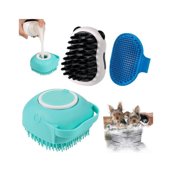 Gentle Dog Bath Brush with Soft Silicone Brush Comb and Refillable Shampoo Container