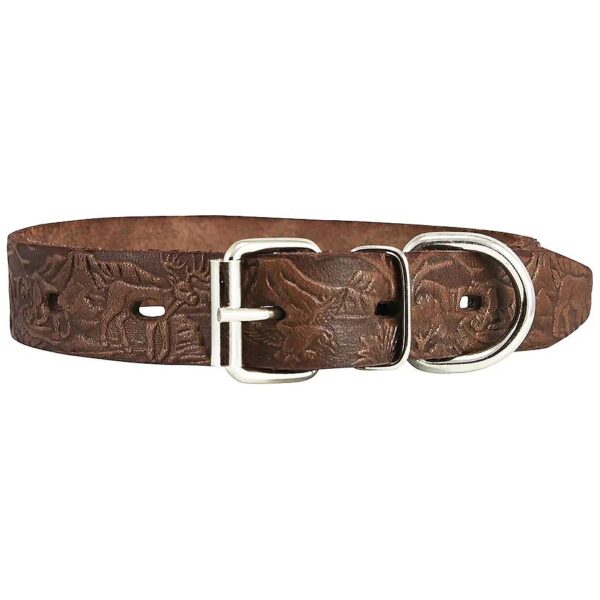 Genuine Tooled Leather Floral Dog Collar for Hunting Pattern Brown