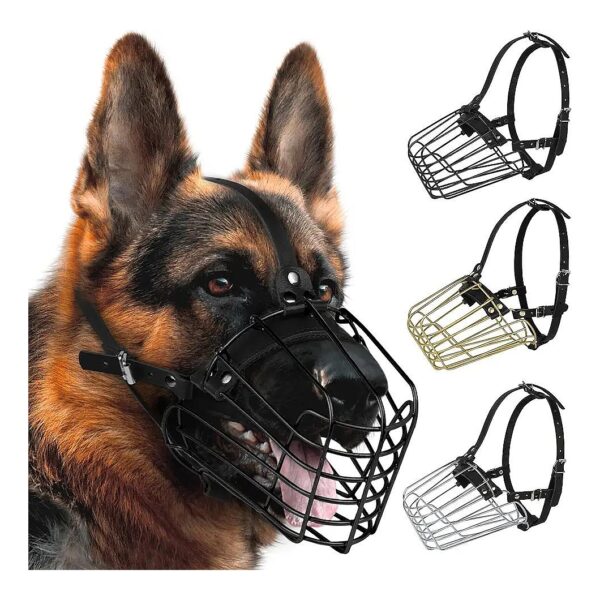 German Shepherd Pet Muzzle Metal Basket for Large Dogs Adjustable Durable Leather Straps