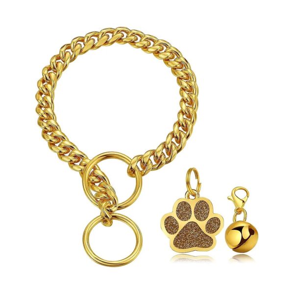 Gold Chain Dog Collar with Bell and Paw Charm for Puppy and Adult Dogs