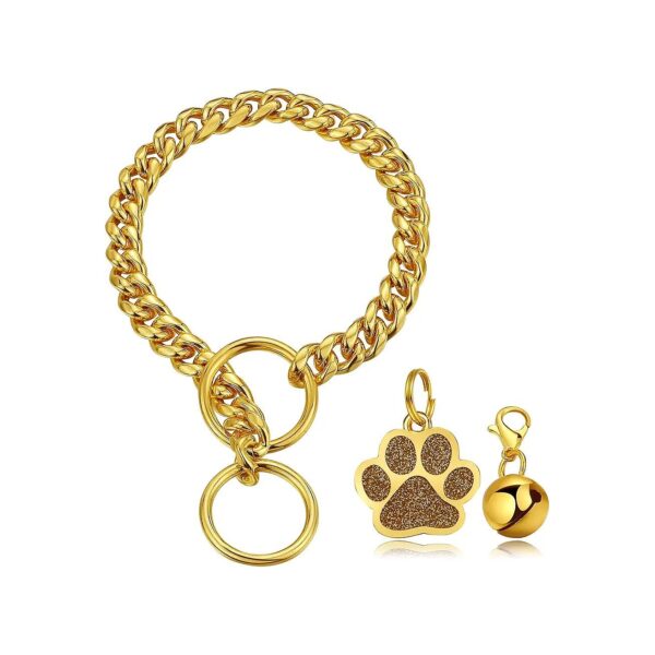 Gold Dog Collar with Bell and Paw Charm for Small Medium Large Dogs 10-24 Inches