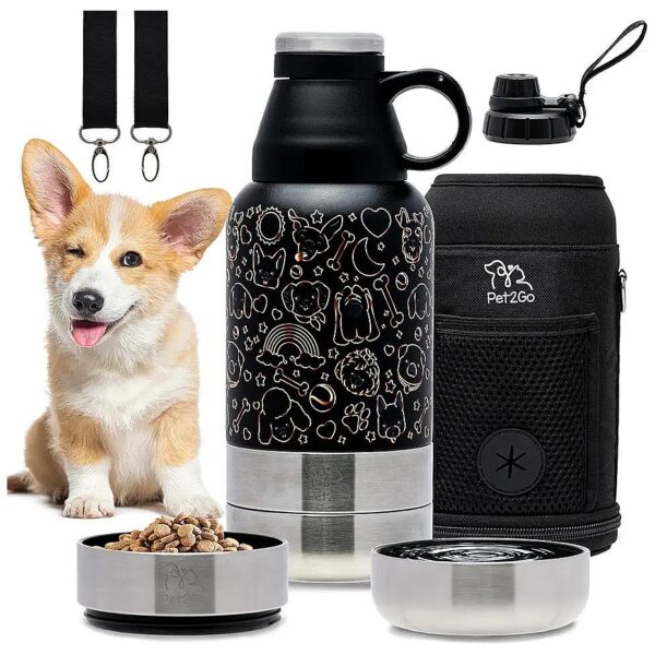 Gold Stainless Steel Dog Travel Water Bottle with Treat Holder and Detachable Bowls