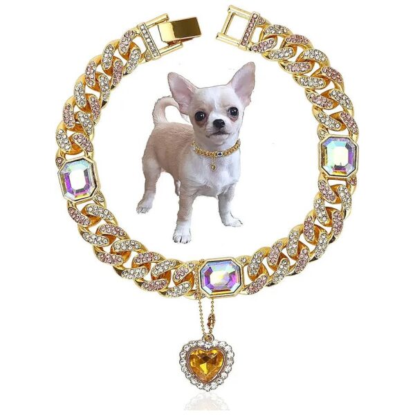 Gold Tone Cuban Link Chain Iced Heart Pendant Cat Collar for Small to Medium Size Pets