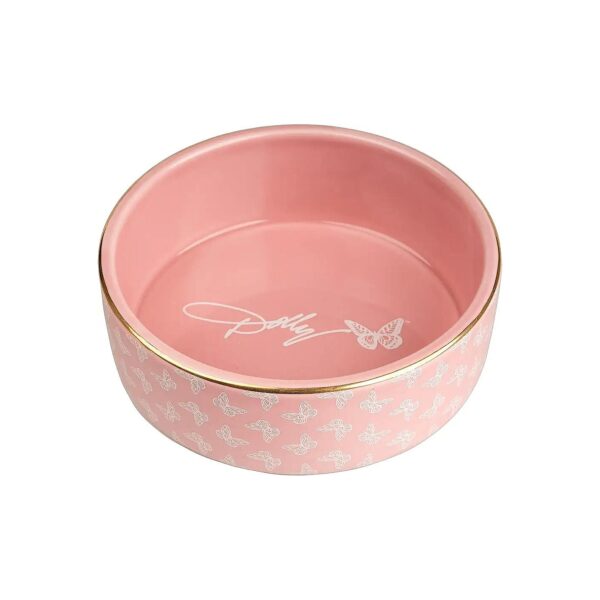 Gold Trim Butterfly Ceramic Dog Bowl in Medium Pink for Dogs