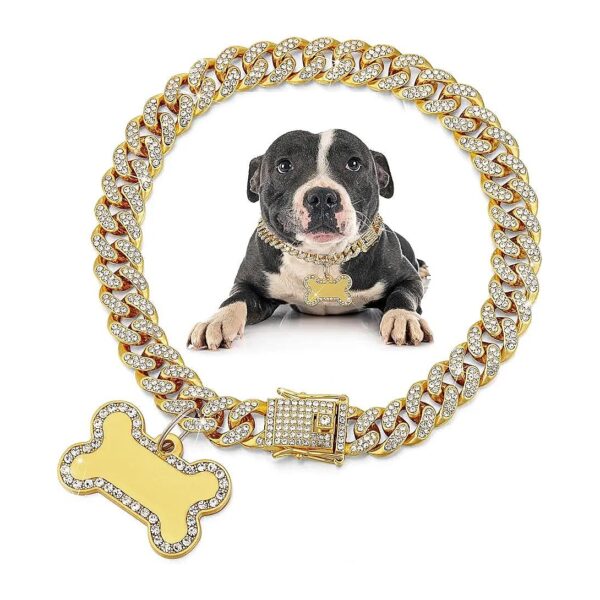 Golden Diamond Chain Collar with Stainless Steel Link and Rhinestones for Dogs