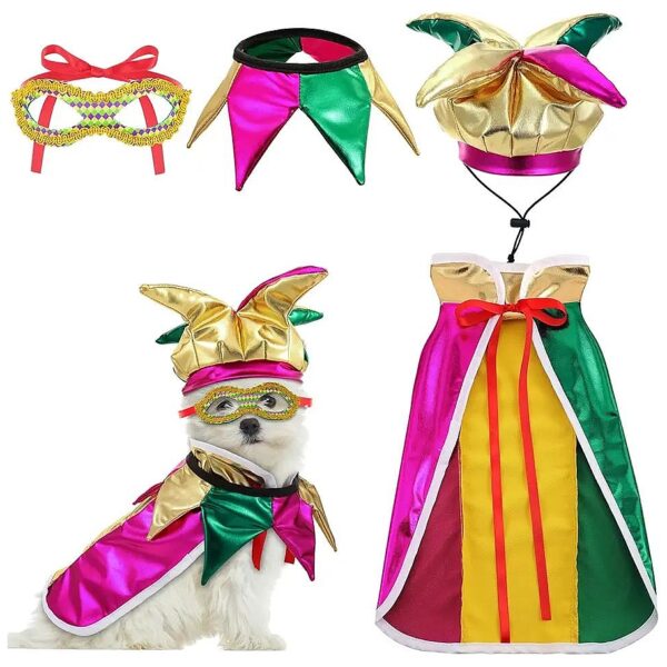 Golden Green Purple Mardi Gras Dog Dress up Cape and Mask Costume Set for Small Dogs