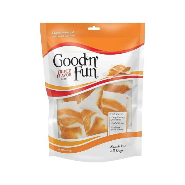 Good and Fun Triple Flavor Chips, Long-Lasting Satisfying Treats for Active Adult Dogs