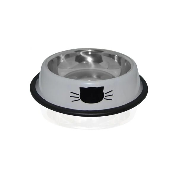 Gray Color Stainless Steel Cat Food and Water Bowl with Cute Cat Face