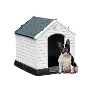 Gray Plastic Dog House for Small to Medium Sized Dogs with Air Vent and Slanted Roof