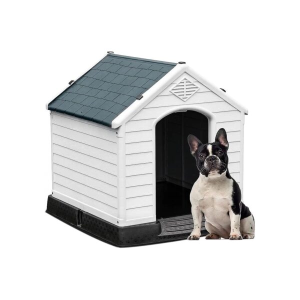 Gray Plastic Dog House for Small to Medium Sized Dogs with Air Vent and Slanted Roof