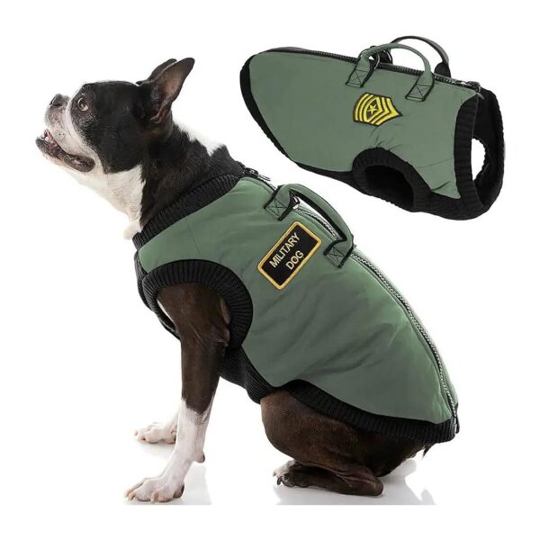 Green Dog Sweater with Military Patches and Lift Handle for Small and Medium Dogs