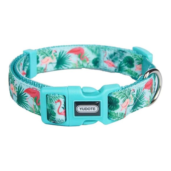 Green Flamingo Pattern Dog Collar with Nylon Ribbon Webbing for Large Dogs