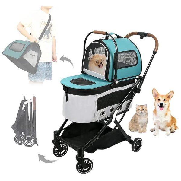 Green Pet Stroller for 2 Dogs or Cats Detachable and Lockable with Easy Folding Function