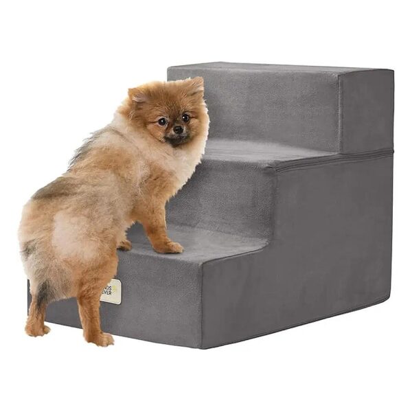 Grey 3-Step Dog Stairs with Foam Steps and Adjustable Ramp for Small Pets