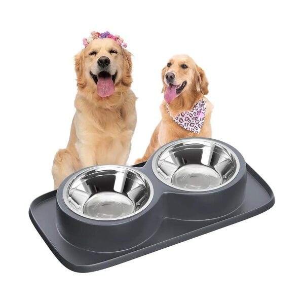 Grey Dog Food Bowl Set with Non-Skid Mat and Stainless Steel Material for Easy Cleaning