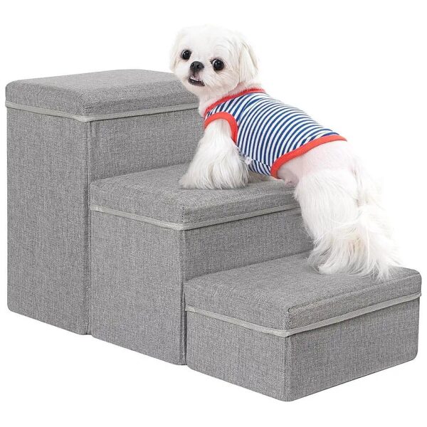 Grey Dog Stairs with Storage Compartments and 3-Step Design for Comfort