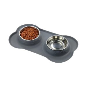 Grey Double Pet Feeder Bowls with Non-Spill Silicone Mat for Small Dogs Cats