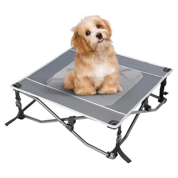 Grey Elevated Portable Dog Bed with Cooling Breathable Mesh for Small Breeds