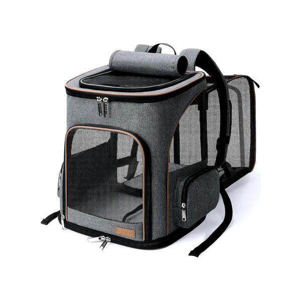 Grey Expandable Pet Backpack for Cats and Small Dogs with Inner Leash