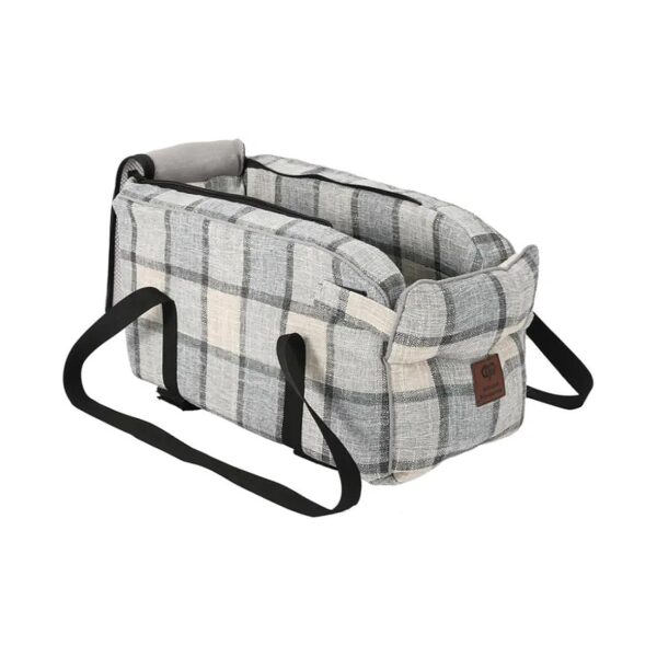 Grey Grid Linen and Cotton Dog Car Seat Booster for Small Dogs and Cats up to 12 Lbs