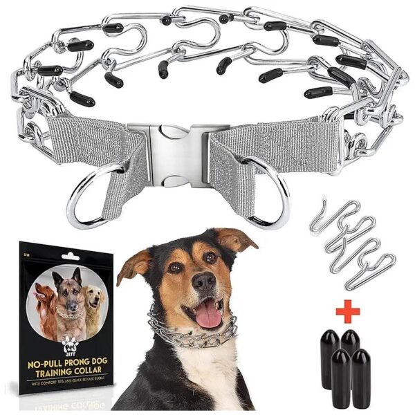 Grey Metal Buckle Prong Collar for Dogs with Easy to Use Design and Mini-Manual Included