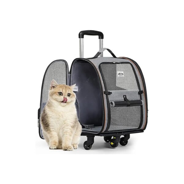 Grey Pet Backpack with Removable Wheels for Small Dogs and Cats up to 18lbs