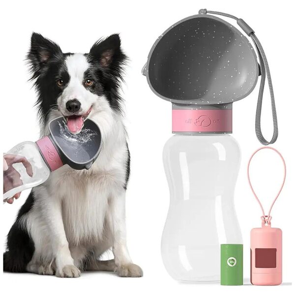 Grey Pink Dog Water Bottle and Poop Bag Holder for Hands-Free Walking and Hiking