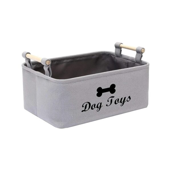 Grey Storage Basket with Wooden Handle for Dog Toys, Blankets, and More