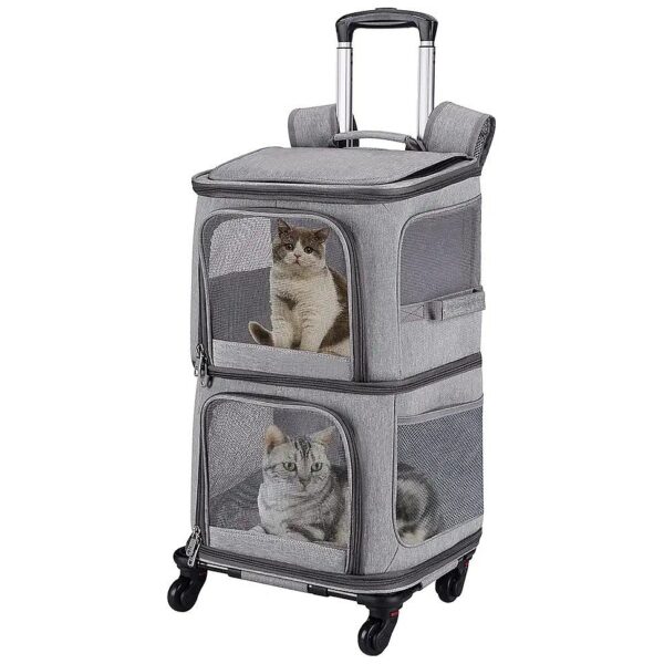 Grey Travel Carrier Backpack with Wheels and Ventilation for Small Cats and Dogs