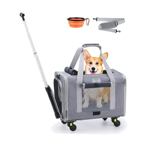 Grey Travel Pet Carrier with Wheeled Base and Telescoping Handle for Cats and Small Dogs