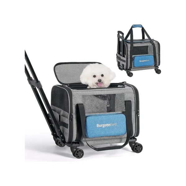 Grey and Blue Small Dog Carrier with Wheels and Telescopic Handle for Stress-Free Travel