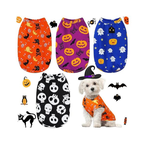 Halloween Dog Shirts 4-Piece Set Pumpkin Ghost Bat Skeleton Prints Soft Breathable Fabric