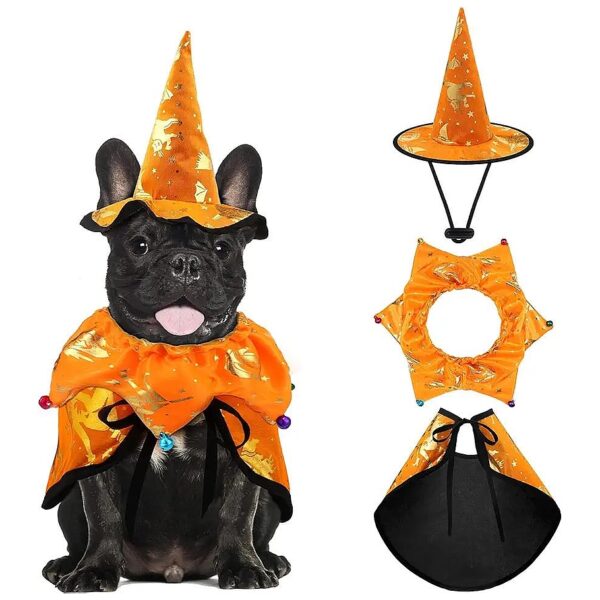 Halloween Pet Costume Set with Witch Hat Cape Cloak and Bell Collar for Small Dogs