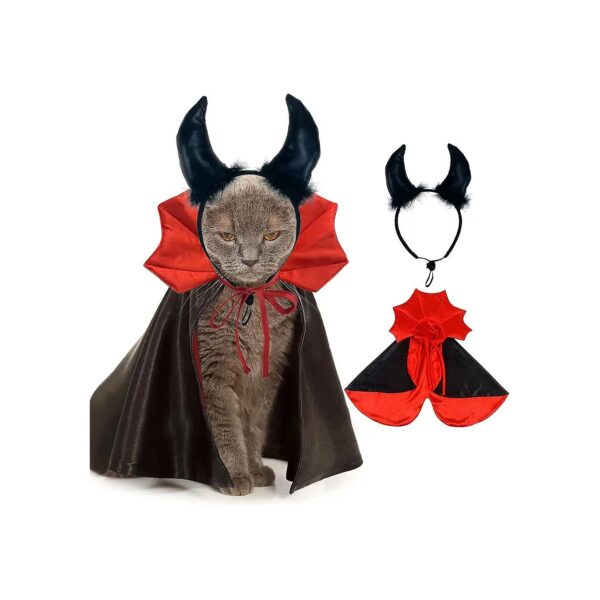 Halloween Vampire Cape and Devil Horns Costume for Small to Medium Cats and Small Dogs