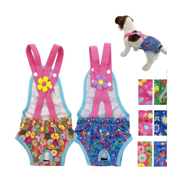 Hand Wash Female Dog Diapers with Suspenders for Small Pets Pink Flowers and Blue Candies