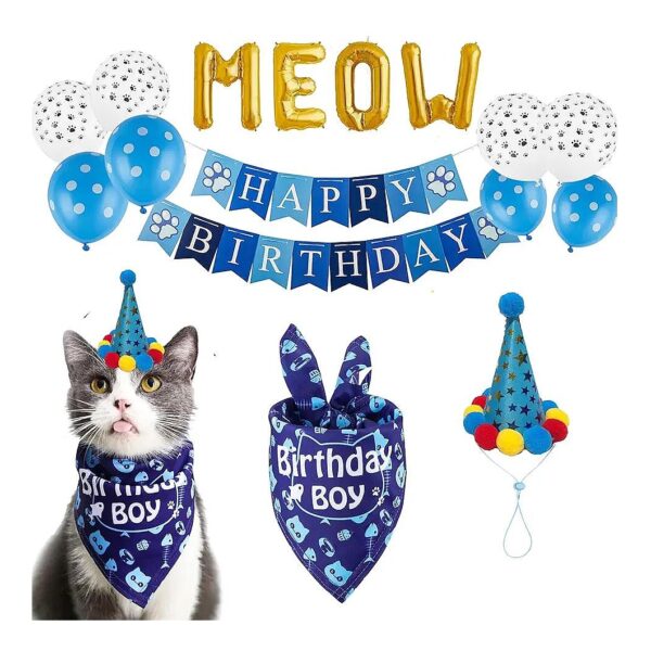 Happy Birthday Cat Party Supplies Kit with Bandana, Hat, and Balloons