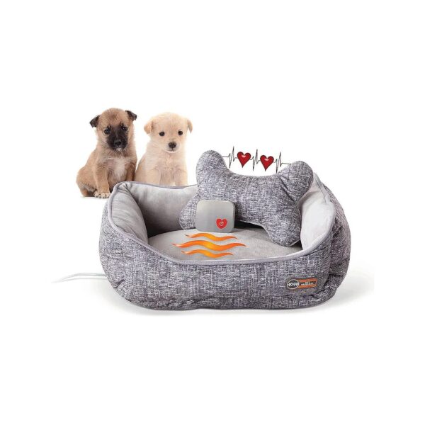 Heated Dog Bed and Bone Pillow for Medium Breed Puppies with Cozy Heartbeat Rhythm