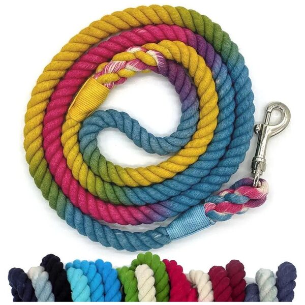 Heavy Duty Cotton Rope 5ft Dog Leash in Vibrant Rainbow Tie Dye Pattern