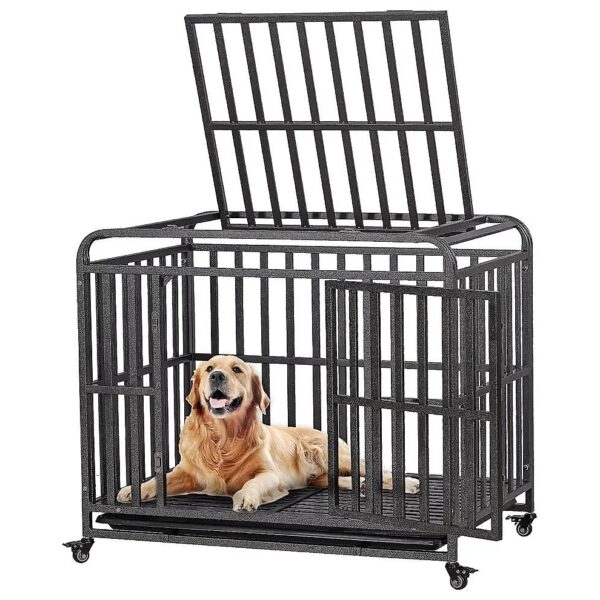 Heavy Duty Dog Crate with Double Doors and Swivel Casters for Small to Medium-sized Dogs