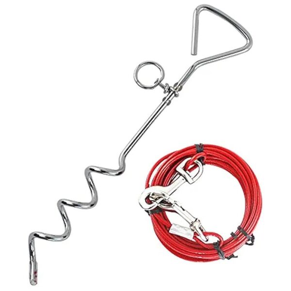 Heavy Duty Dog Tie Out Cable with 16 Inch Spiral Ground Stake for Secured Fun