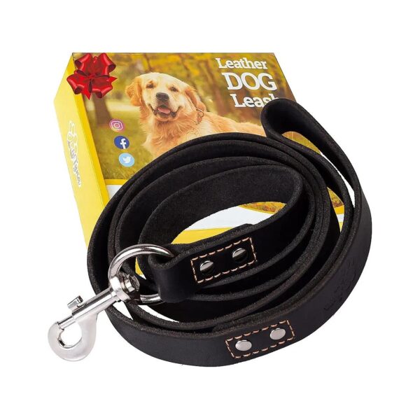 Heavy Duty Leather Dog Leash for Large and Extra Large Dogs 6 ft x 1 inch Black