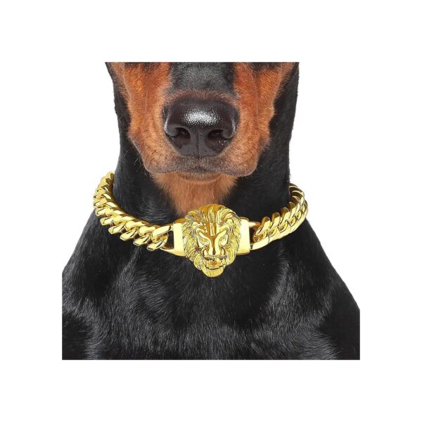 Heavy Duty Metal Dog Collar with 18K Gold Lion Pendant and Quick Release Buckle