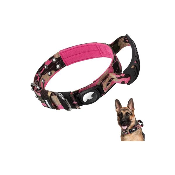 Heavy Duty Tactical Nylon Dog Collar with Control Handle and AirTag Holder - Pink Camo